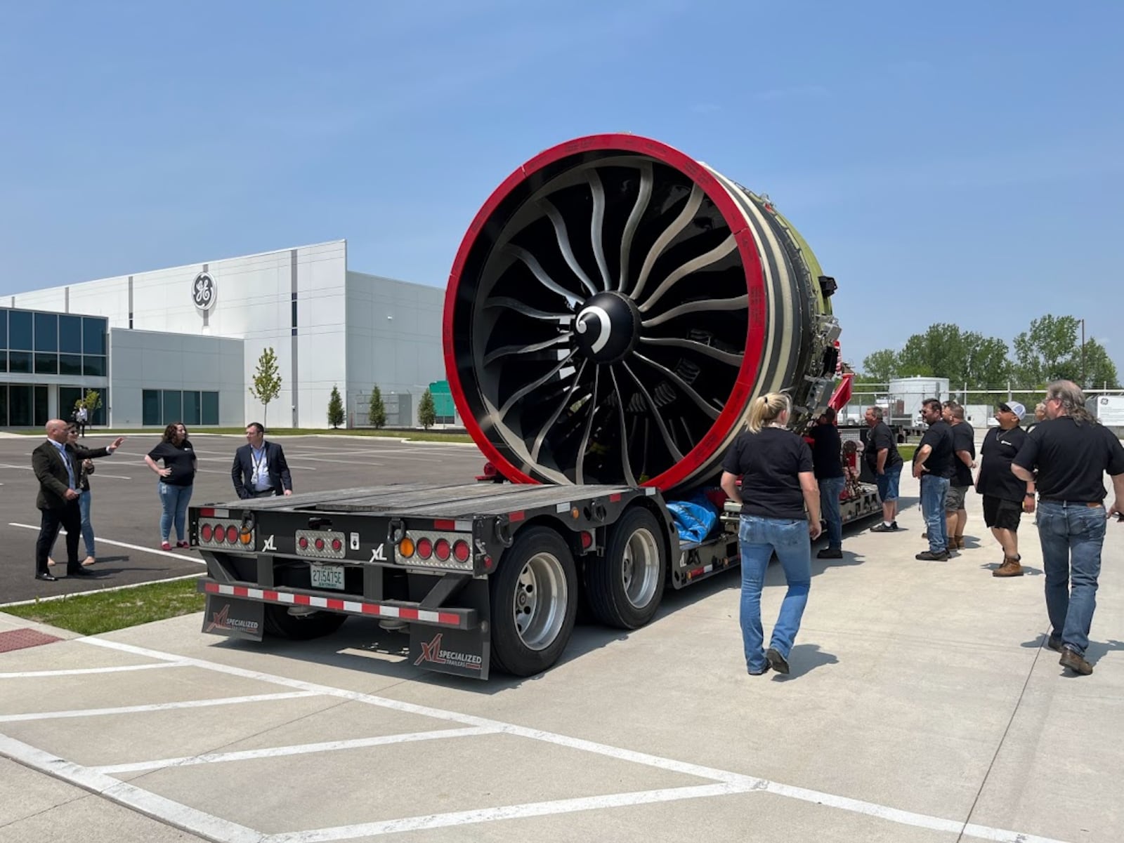 The GE9X, designed for the Boeing 777 family of planes, is the largest and most powerful commercial aircraft engine ever built, GE Aerospace says. This engine could be seen in the parking lot of the GE production facility off Research Road Friday. THOMAS GNAU/STAFF