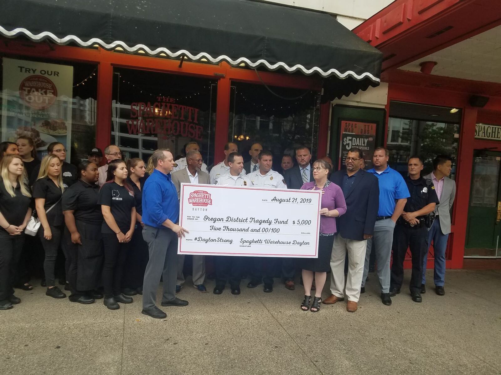 Spaghetti Warehouse Dayton donated $5,000 to the Dayton Foundation Oregon District Tragedy Fund today, Aug. 21, 2019.