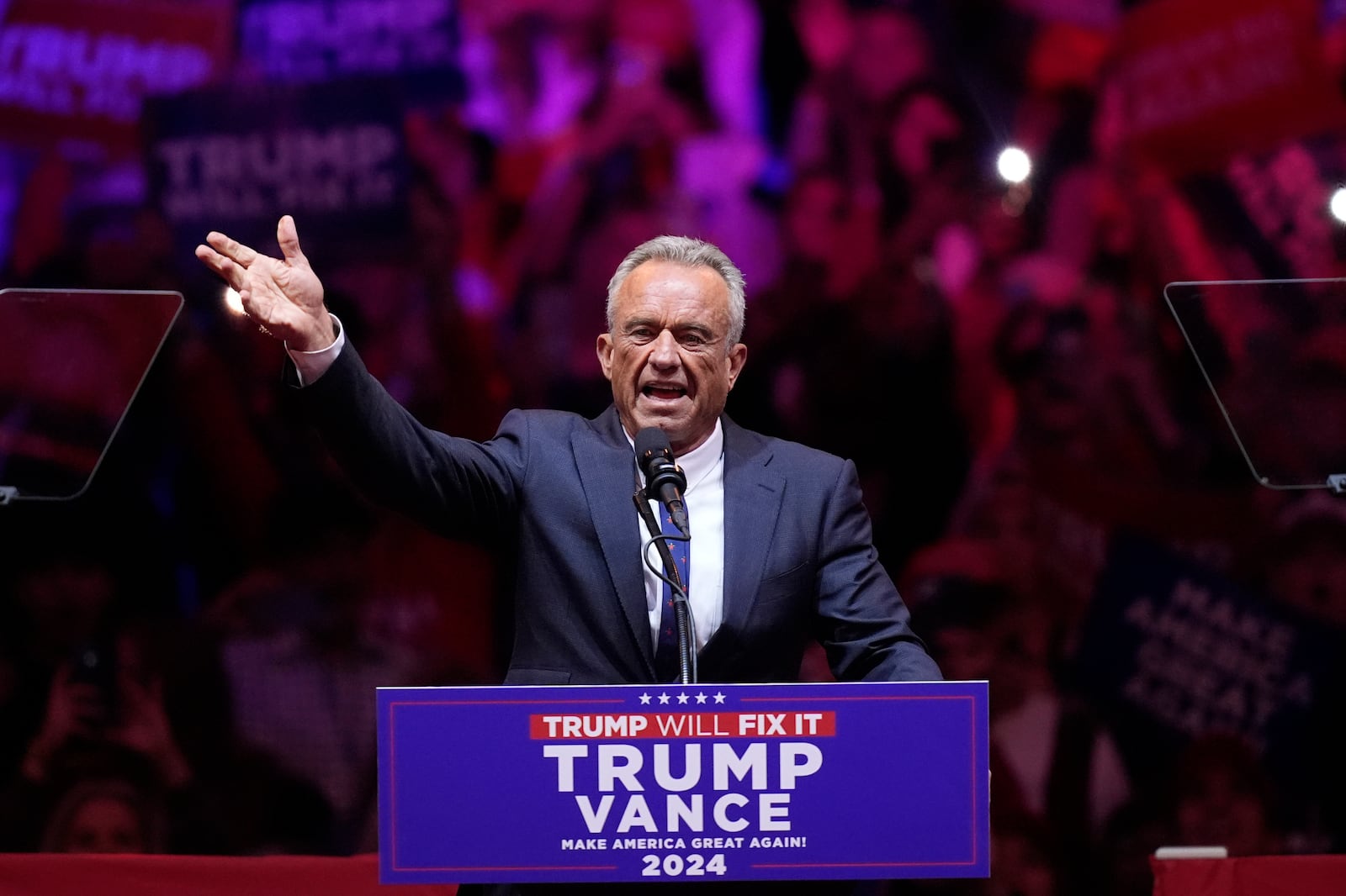 FILE - Robert Kennedy Jr., speaks before Republican presidential nominee former President Donald Trump at a campaign rally at Madison Square Garden, Oct. 27, 2024, in New York. (AP Photo/Evan Vucci, File)