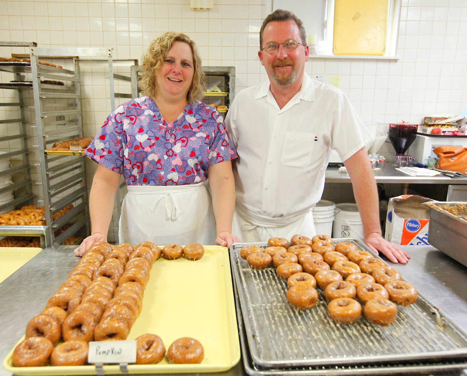 Bill's Donut Shop, 268 N. Main St. Centerville owners Lisa Tucker and Jim Elam in the kitchen. The donuts are famously served far and near. Staff photo by Jim Witmer