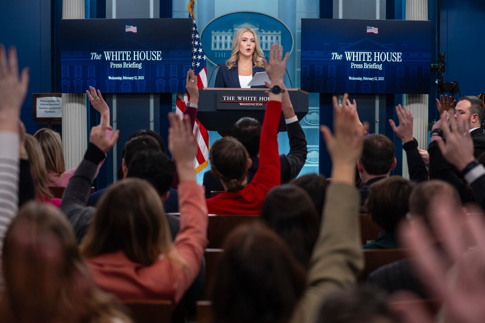 White House press secretary Karoline Leavitt speaks during a briefing at the White House, Wednesday, Feb. 12, 2025, in Washington. (AP Photo/Evan Vucci)