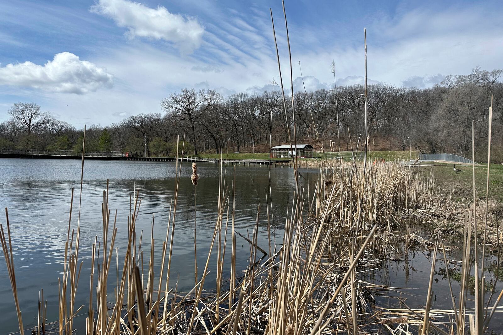 FILE - Part of the land artwork Greenwood Pond: Double Site, stands at Greenwood Pond in Des Moines, Iowa, April 3, 2024. (AP Photo/Scott McFetridge, File)