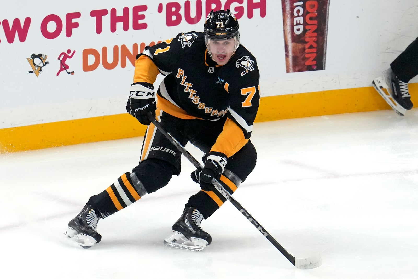 Pittsburgh Penguins' Evgeni Malkin skates during the first period of an NHL hockey game against the Seattle Kraken in Pittsburgh, Tuesday, Jan. 14, 2025. (AP Photo/Gene J. Puskar)