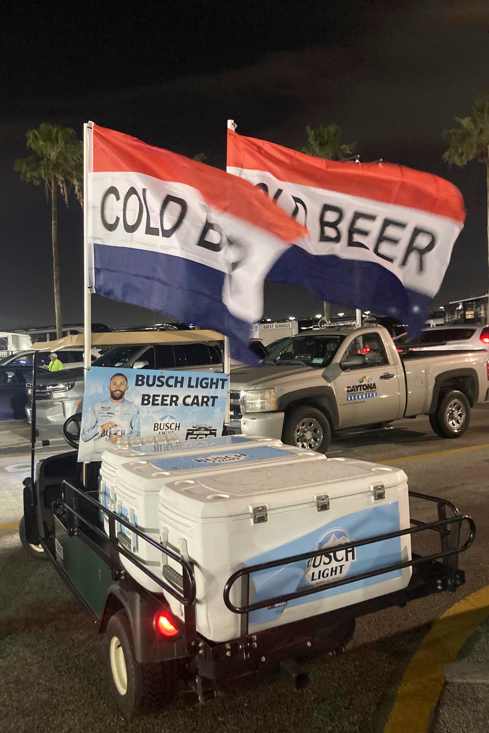 The beer cart is parked in the Daytona International Speedway infield, Wednesday, Feb 12, 2025 in Daytona Beach , Fla. ( AP Photo/Dan Gelston)