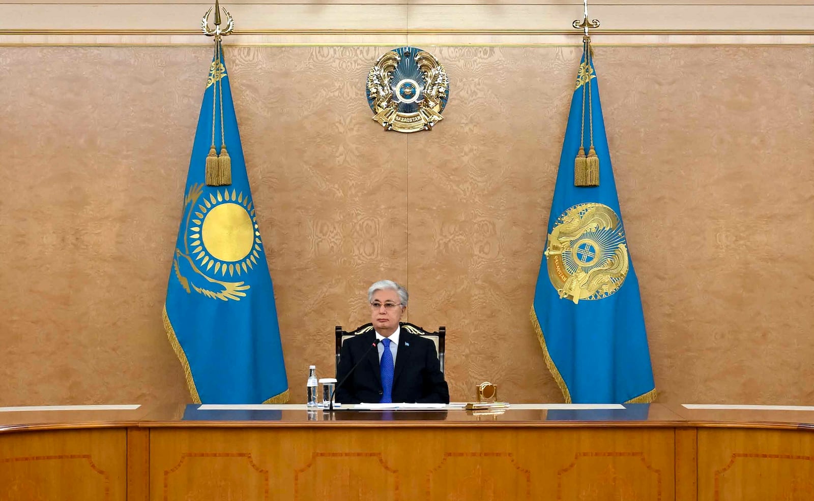 In this photo released by Kazakhstan's Presidential Press Office, Kazakh President Kassym-Jomart Tokayev speaks during a meeting in Astana, Kazakhstan, on Saturday, Dec. 28, 2024, in connection with the Azerbaijan Airlines Embraer 190 that crashed near the Kazakhstan's airport of Aktau. (Kazakhstan's Presidential Press Office via AP)