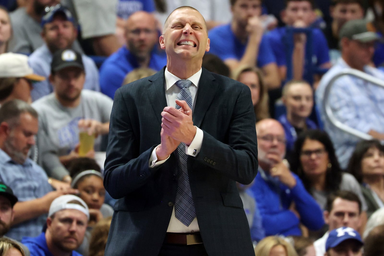 Kentucky head coach Mark Pope reacts after a play during the first half of an NCAA college basketball game against Wright State in Lexington, Ky., Monday, Nov. 4, 2024. (AP Photo/James Crisp)