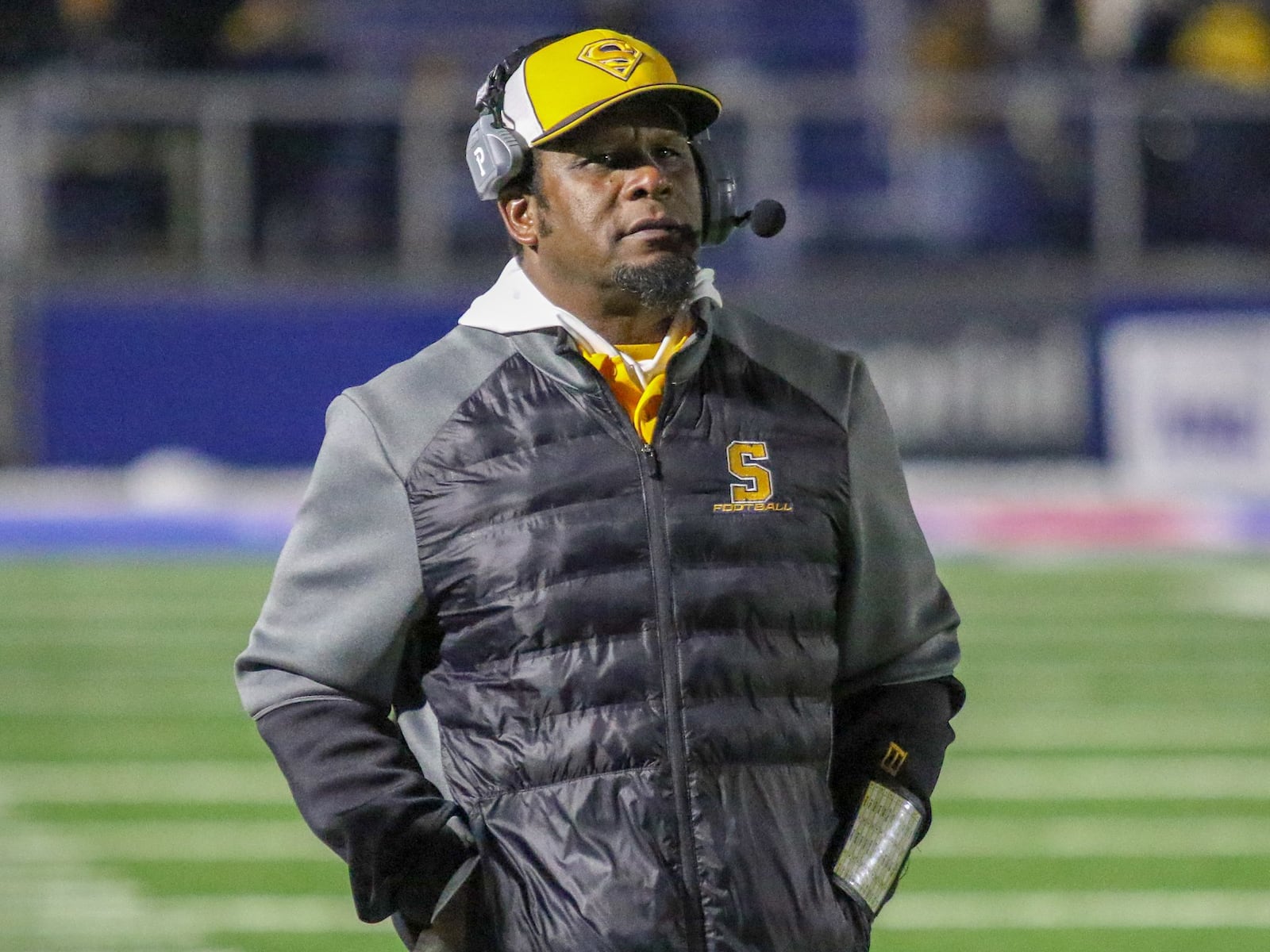 Springfield High School coach Maurice Douglass walks the sideline during the Wildcats 37-14 victory over Dublin Jerome in a D-I, Region 2 semifinal game at Marysville High School on Friday, Nov. 15. CONTRIBUTED PHOTO BY MICHAEL COOPER