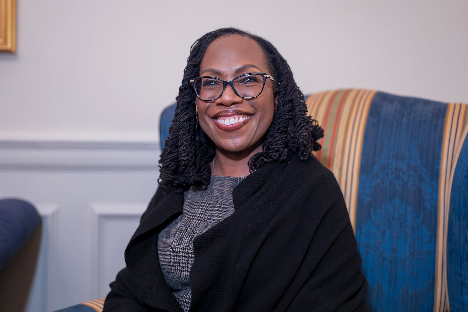 Supreme Court Justice Ketanji Brown Jackson smiles during an interview with The Associated Press, at the Supreme Court in Washington, Wednesday, Jan. 29, 2025. (AP Photo/J. Scott Applewhite)