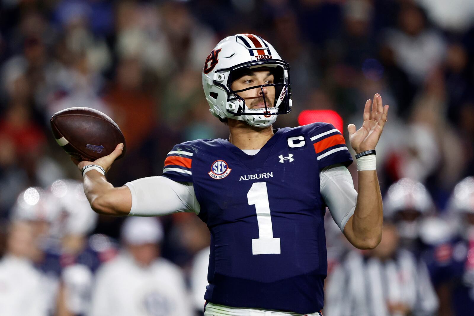 Auburn quarterback Payton Thorne throws a pass during the first half of an NCAA college football game against Texas A&M, Saturday, Nov. 23, 2024, in Auburn, Ala. (AP Photo/Butch Dill)