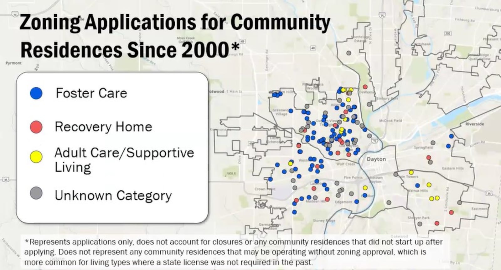 A map of zoning applications the city of Dayton received for multiple kinds of group homes, including those who serve kids in foster care and others that are for people with disabilities or people who are recovering from substance abuse issues. CONTRIBUTED