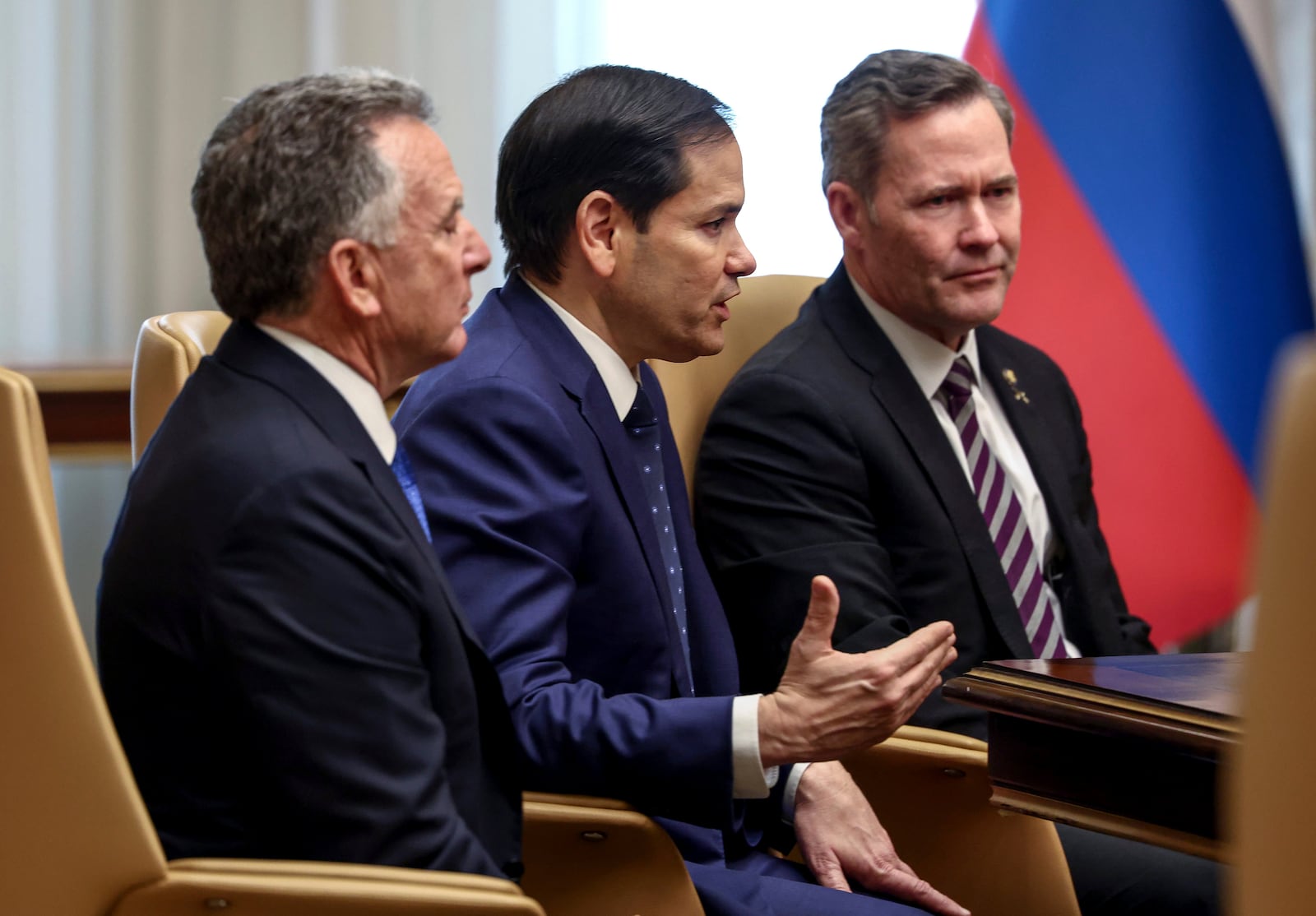 U.S. Secretary of State Marco Rubio, U.S. National Security Advisor Mike Waltz, and U.S. Middle East envoy Steve Witkoff attend an interview after meeting with Russian Foreign Minister Sergei Lavrov and Russian President Vladimir Putin's foreign policy advisor Yuri Ushakov, at Diriyah Palace, in Riyadh, Saudi Arabia, Tuesday, Feb. 18, 2025. (Evelyn Hockstein/Pool Photo via AP)