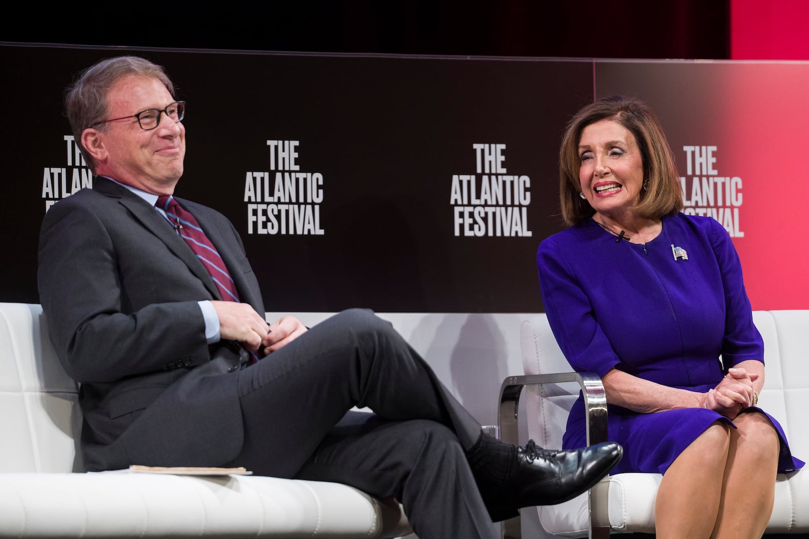 FILE - Jeffrey Goldberg, the editor in chief of The Atlantic, smiles while participating in a Q&A session with House Speaker Nancy Pelosi of Calif., in Washington, Sept. 24, 2019. (AP Photo/Alex Brandon, File)