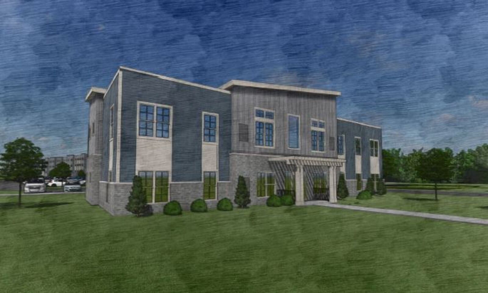 A draft concept rendering of what the apartment buildings could look like at the former Julienne High School and the Hampton Square Apartments site in the Five Oaks neighborhood. CONTRIBUTED