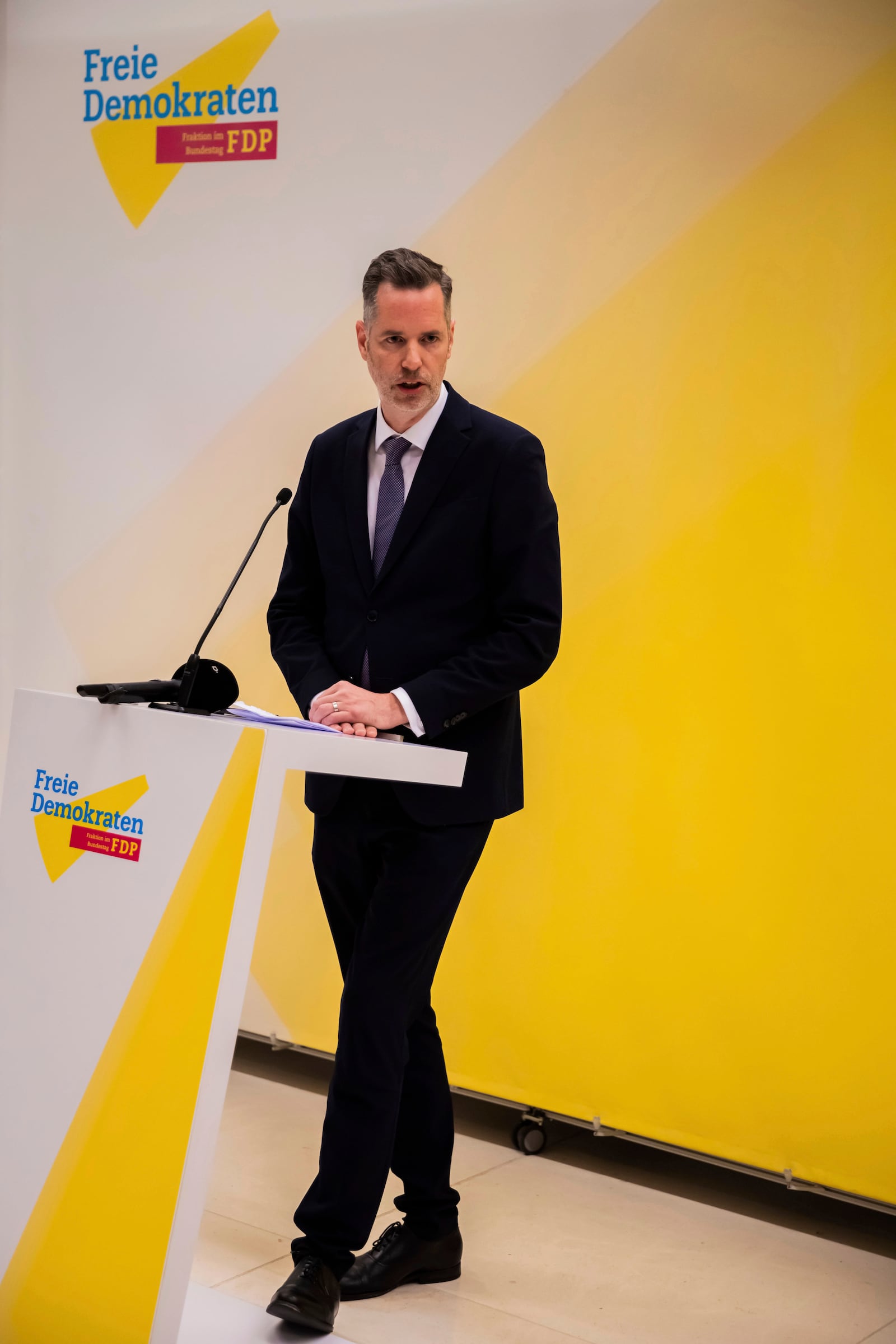 Christian Dürr, Chairman of the FDP parliamentary group, makes a press statement following the dismissal of Federal Finance Minister Christian Lindner by the Federal Chancellor Olaf Scholz in Berlin, Wednesday, Nov. 6, 2024. (Christoph Soeder/dpa via AP)