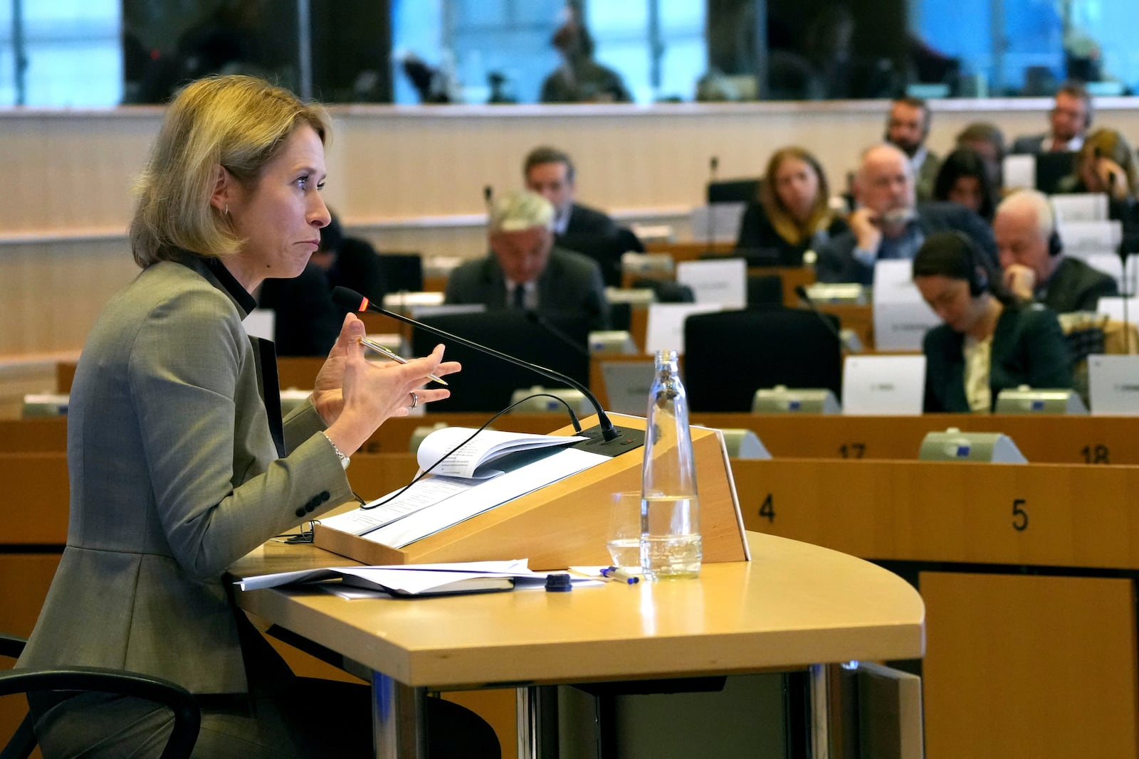 Estonia's Kaja Kallas, nominee for European Union High Representative and Vice-President for Foreign Affairs and Security Policy, speaks during her hearing at the European Parliament in Brussels on Tuesday, Nov. 12, 2024. (AP Photo/Virginia Mayo)