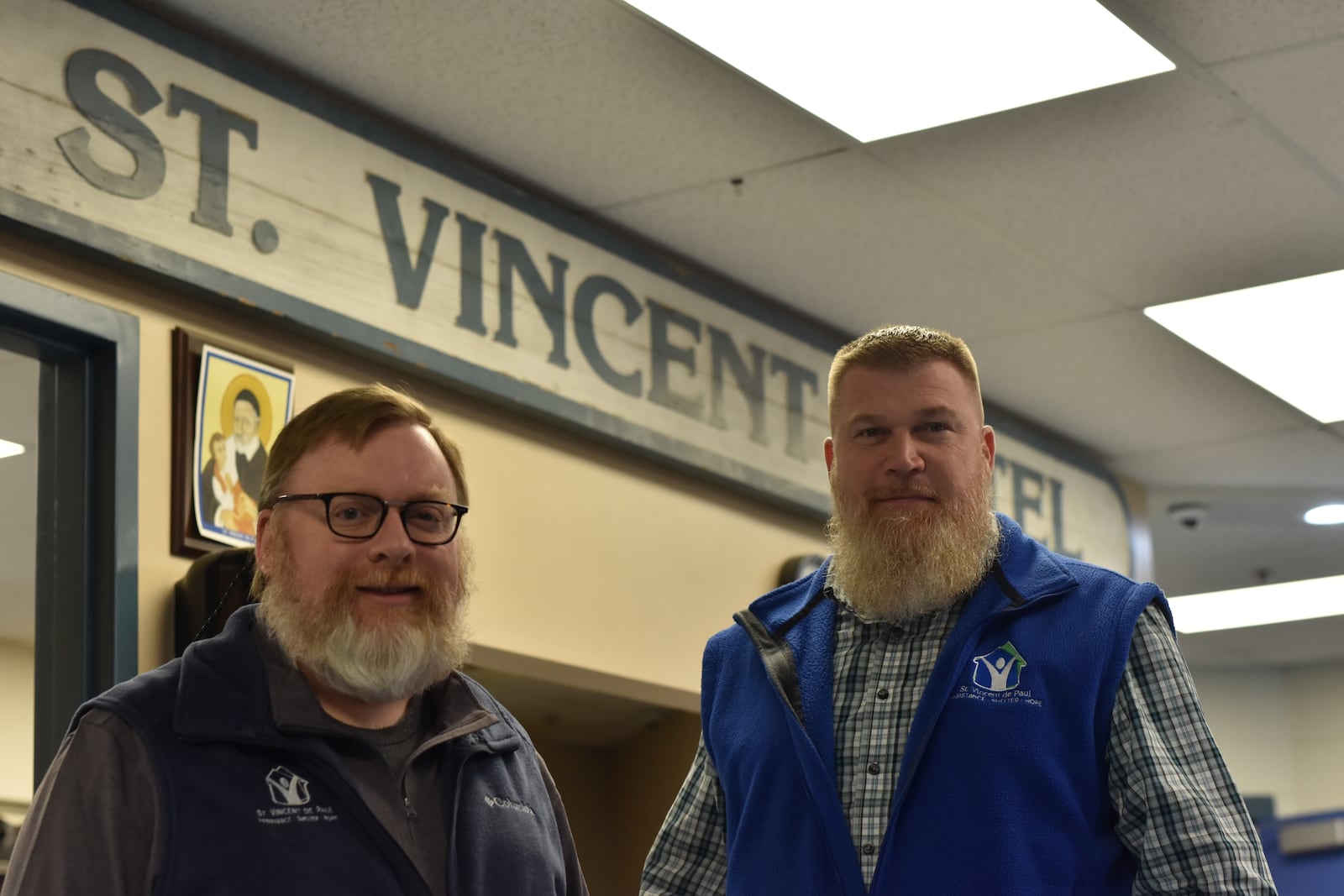 Michael Vanderburgh, executive director, St. Vincent de Paul Society, Dayton, with John Hunter, director of shelter ministries, at the Shelter for Women and Families on Apple Street in Dayton. CORNELIUS FROLIK / STAFF