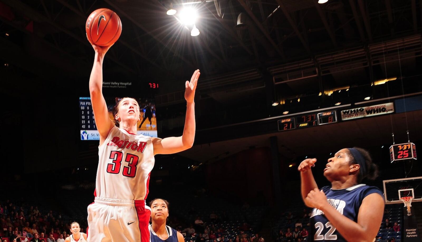 Dayton’s Cassie Sant shoots against Xavier in 2012. Photo by Erik Schelkun