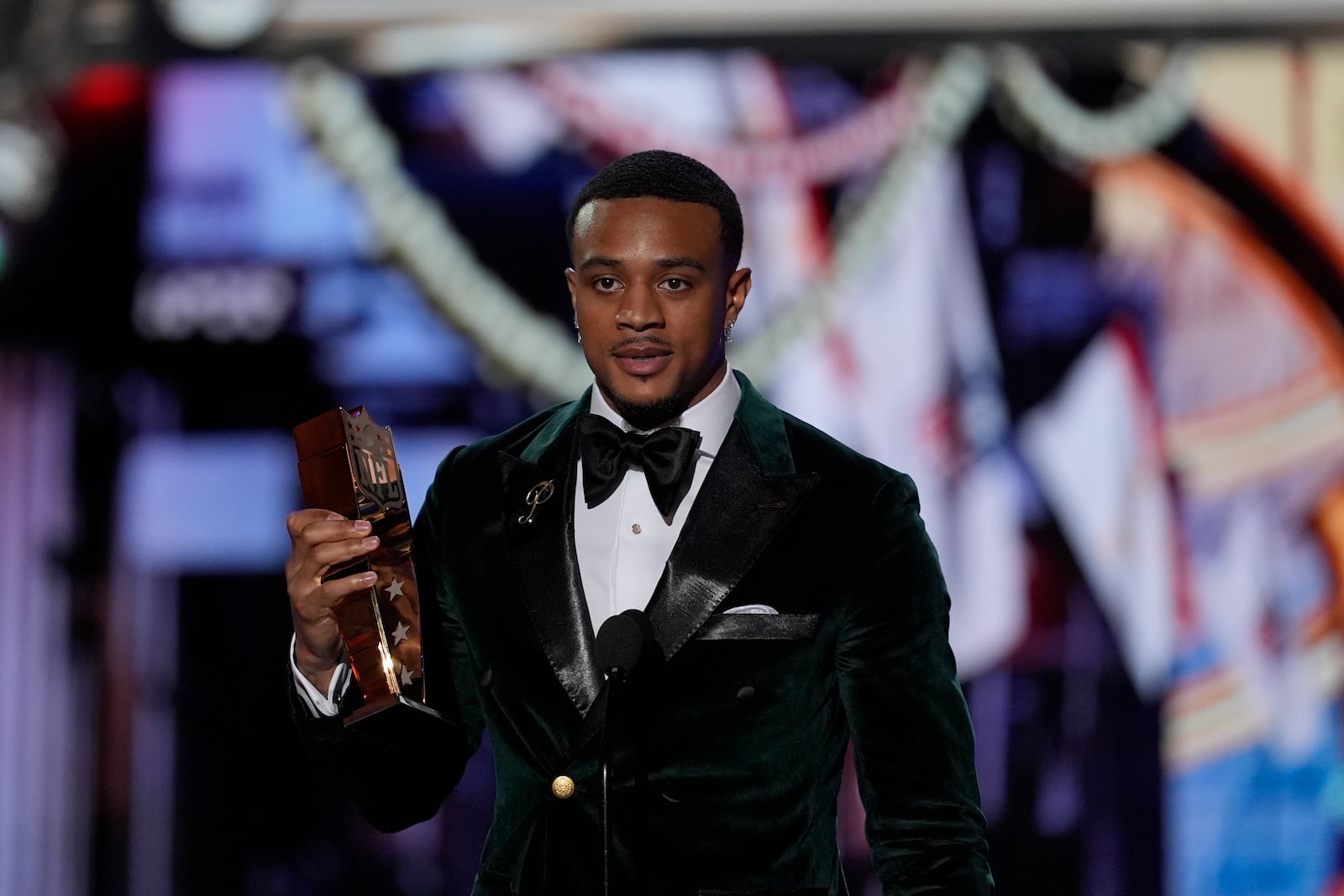 Denver Broncos' Patrick Surtain II, AP Defensive Player of the year speaks during the NFL Honors award show ahead of the Super Bowl 59 football game, Thursday, Feb. 6, 2025, in New Orleans. (AP Photo/David J. Phillip)