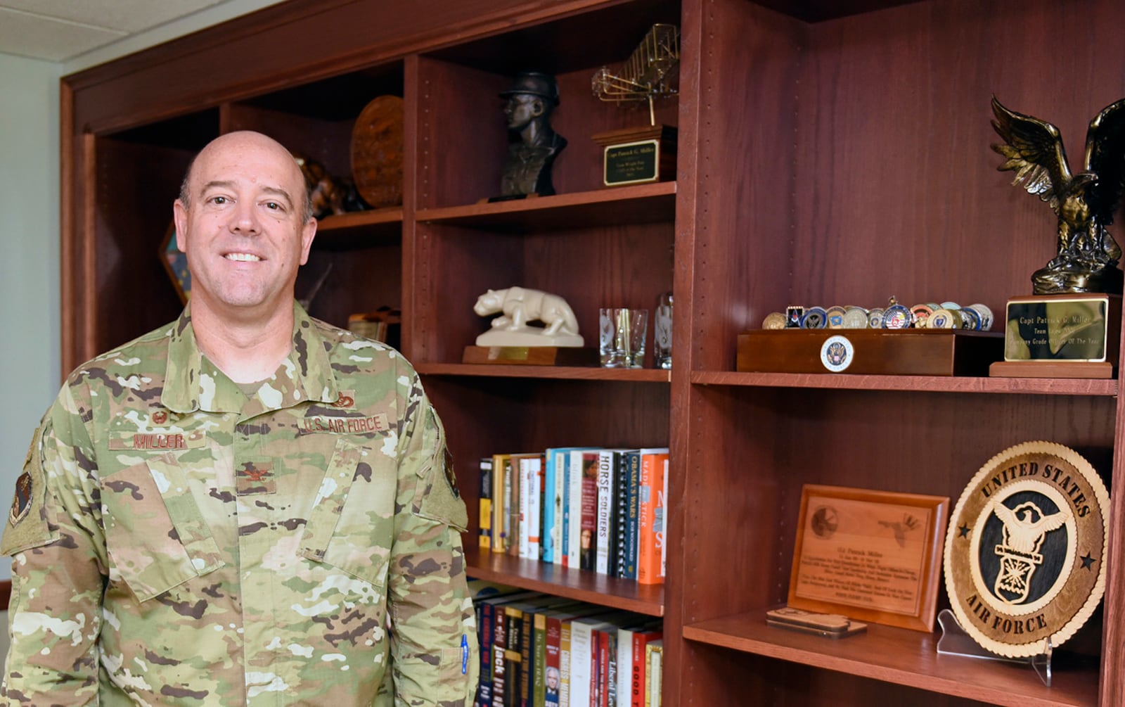 Col. Patrick G. Miller, 88th Air Base Wing and installation commander, talks about his new role as commander at Wright-Patterson Air Force Base during an interview June 19. Miller previously served at Wright-Patt in 2003-2006 as a course director and instructor in the Civil Engineer Services School at the Air Force Institute of Technology. (U.S. Air Force photo/Ty Greenlees)