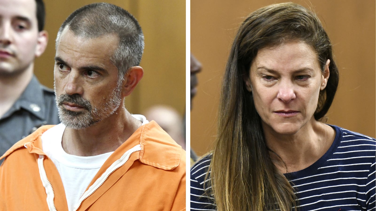 Fotis Dulos, left, and Michelle Troconis, both of Farmington, Conn., are arraigned Monday, June 3, 2019, on charges of tampering with or fabricating physical evidence and first-degree hindering prosecution in the May 24 disappearance of Dulos' estranged wife, Jennifer Dulos. Fotis Dulos and Troconis are accused of disposing of bloody clothing and other evidence in Jennifer Dulos' disappearance. Jennifer Dulos, 50, of New Canaan, remains missing.