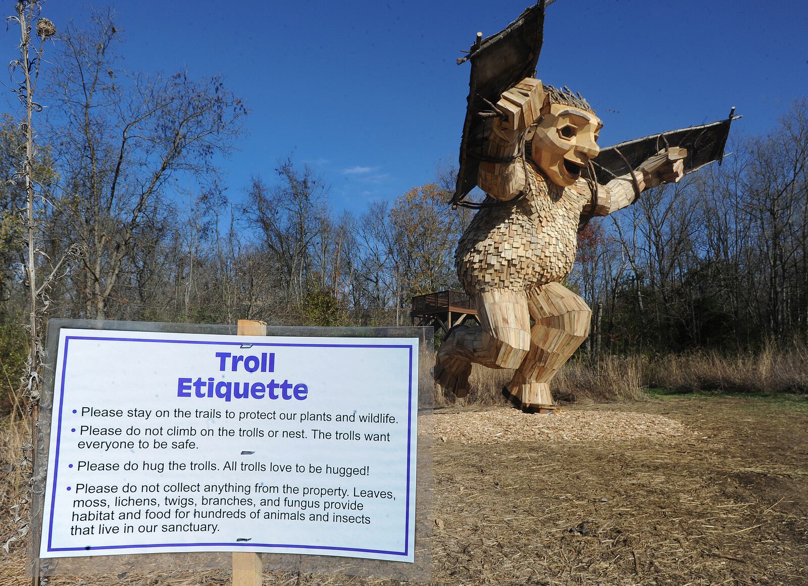 Artist Thomas Dambo debuts a new troll exhibit at Aullwood Audubon Center and Farm. The trolls Bo, Bodil and Bibbi and their troll-sized nest have found their home in Dayton. "The Troll That Hatched an Egg" is one of only nine Dambo-created exhibitions in the United States and Puerto Rico. MARSHALL GORBY\STAFF