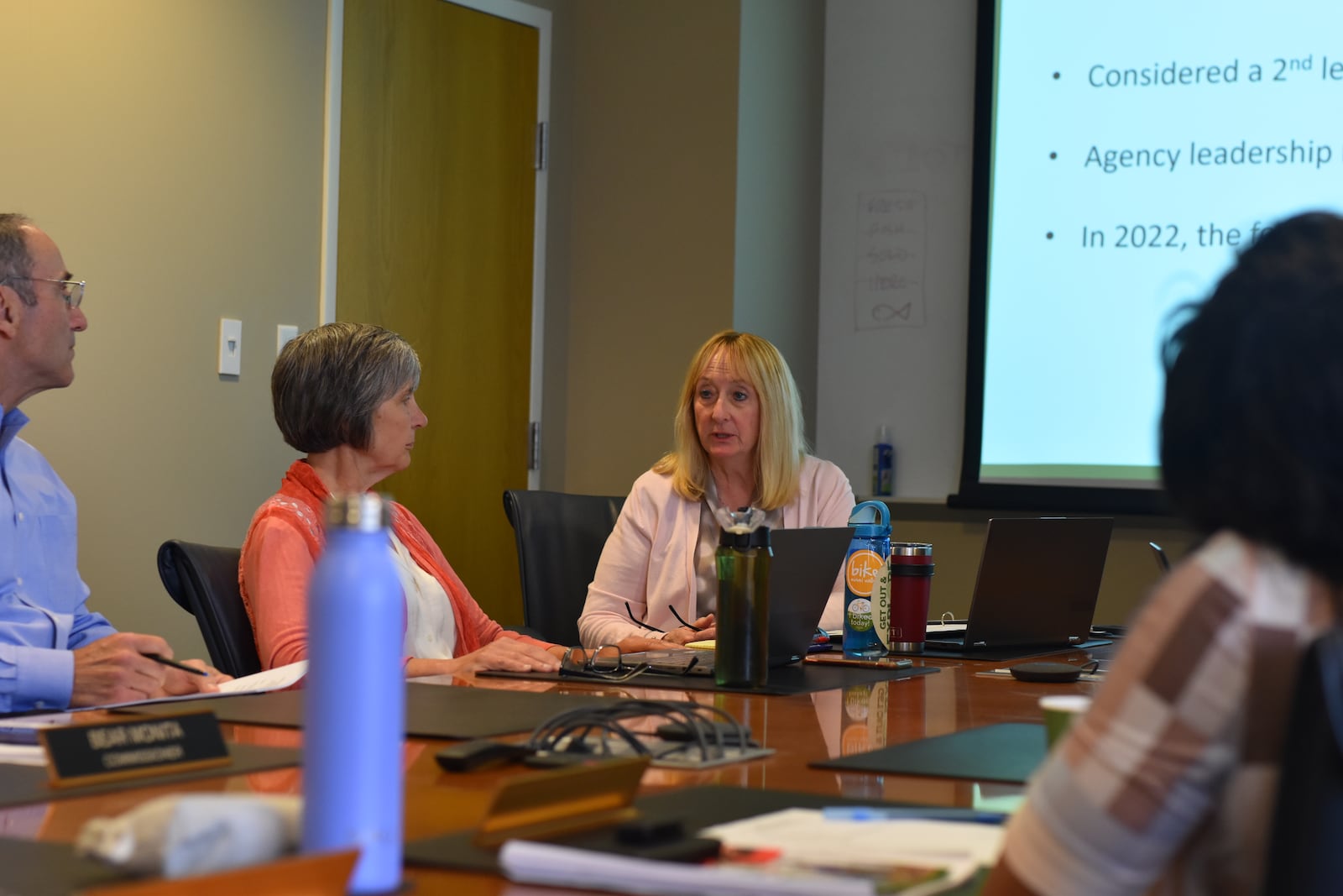 Karen Hesser, CEO of Five Rivers MetroParks, discusses potential levy scenarios with the organization's staff and leaders and the park board of commissioners. CORNELIUS FROLIK / STAFF