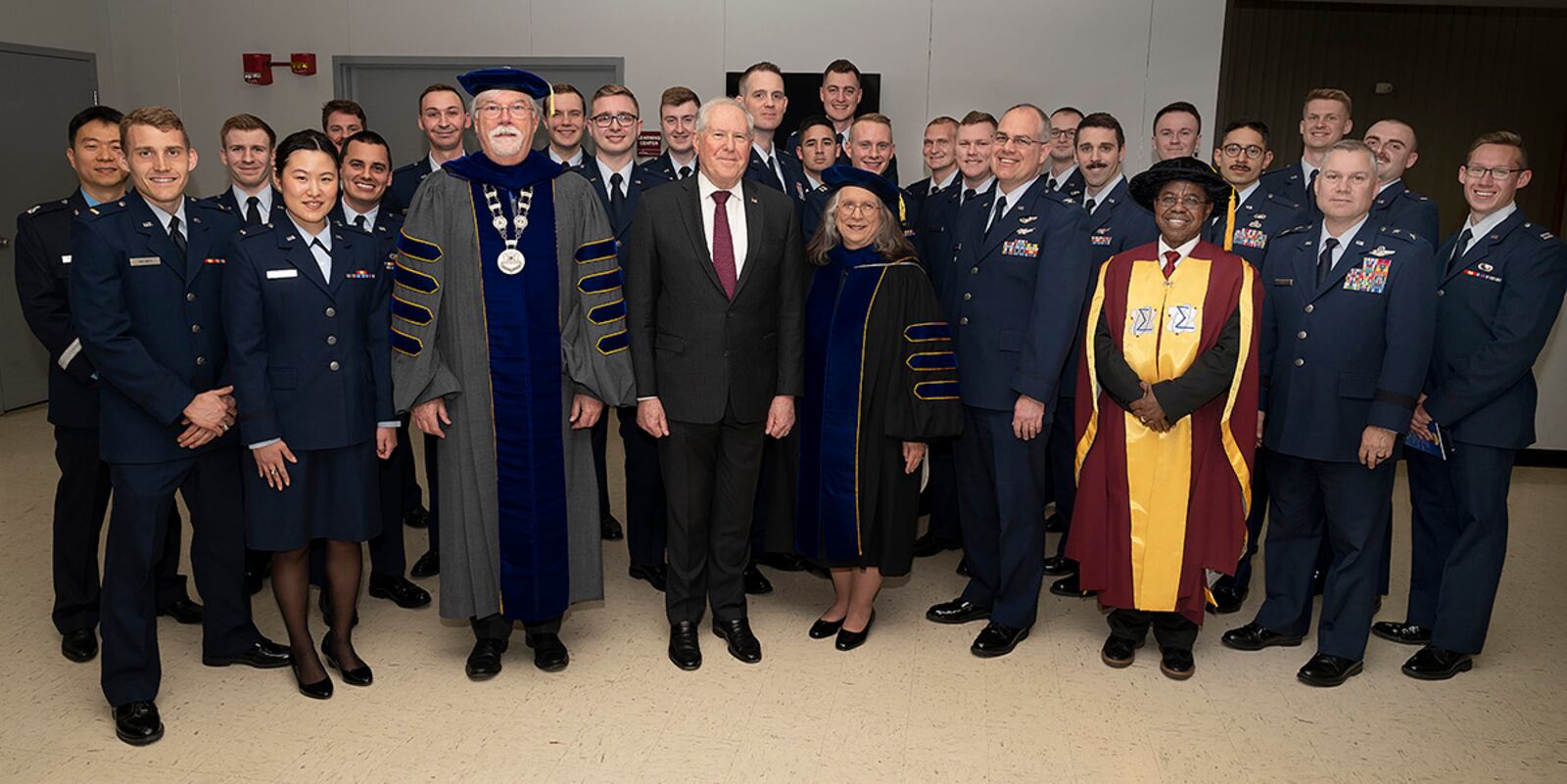 Secretary of the Air Force Frank Kendall joins Air Force Institute of Technology leadership and this year’s distinguished graduates prior to the school’s graduation ceremony in the National Museum of the U.S. Air Force at Wright-Patterson Air Force Base March 24. Kendall was the guest speaker at the graduation ceremony. U.S. AIR FORCE PHOTO/R.J. ORIEZ