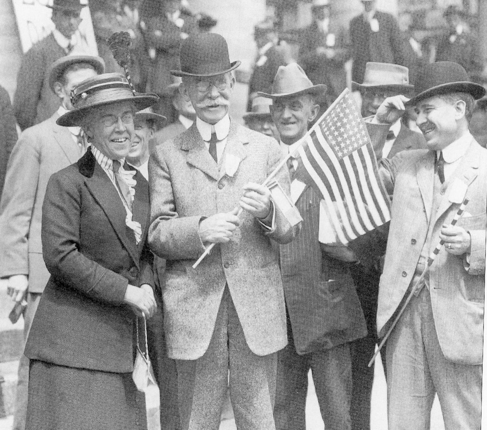 Katharine Wright (left) and John H. Patterson at the Dayton suffrage parade in 1914, along with Orville Wright (far right). CONTRIBUTED