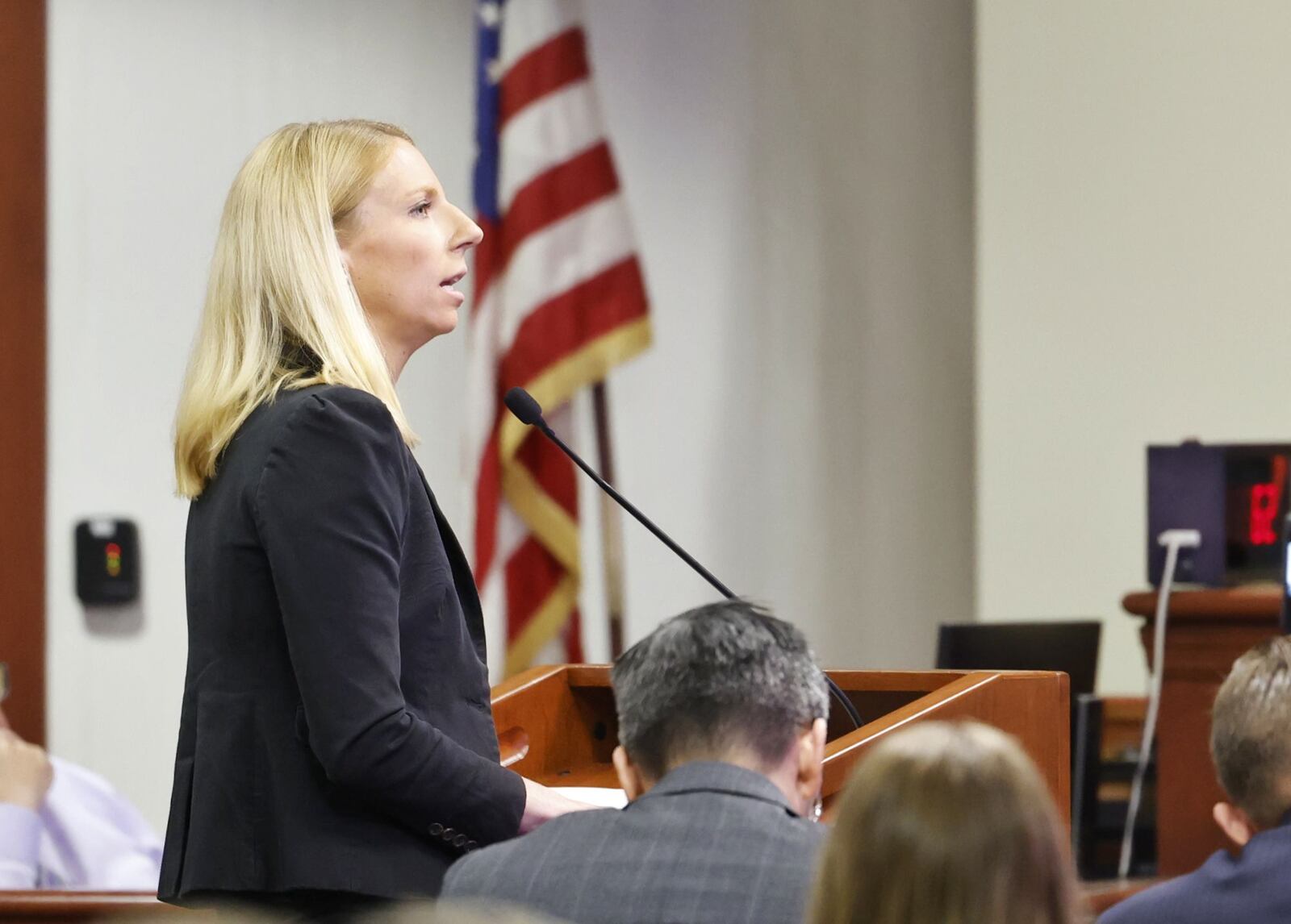 A three-judge panel listens to closing arguments by defense attorney Alex Deardorff Friday, May 10, 2024  in the retrial of Gurpreet Singh, indicted in the deaths of four family members in 2019 in their West Chester home. NICK GRAHAM/STAFF