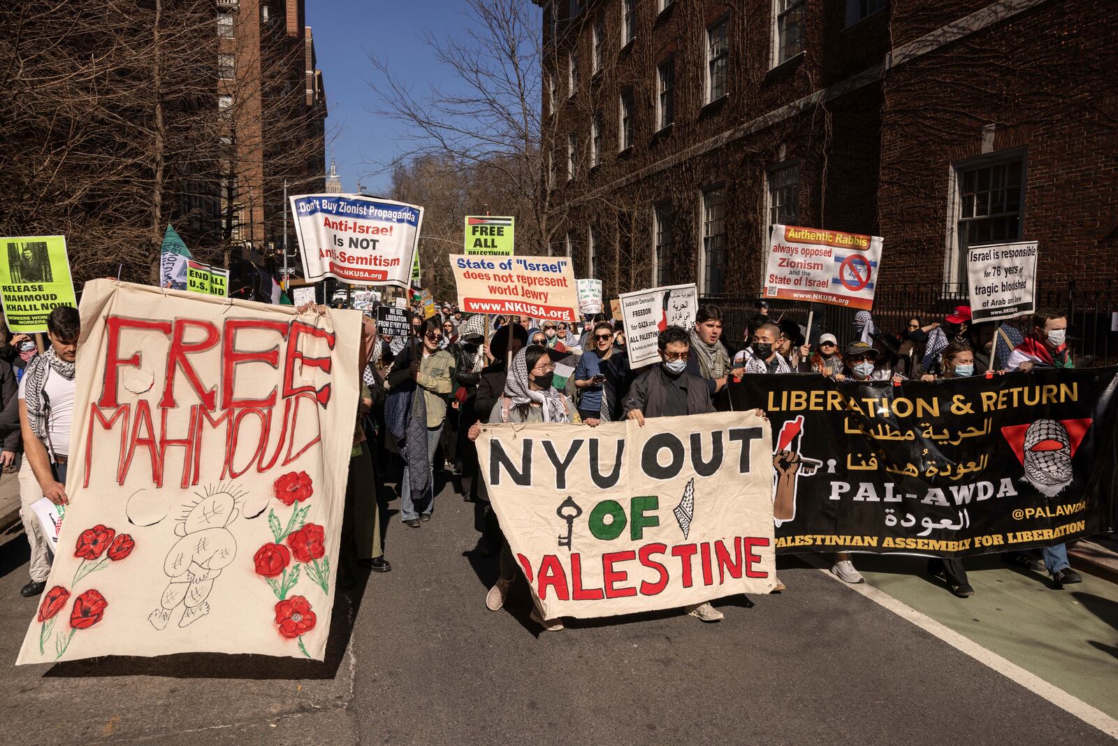 Protesters march during a demonstration in support of Palestinian activist Mahmoud Khalil, Tuesday, March 11, 2025, in New York. (AP Photo/Yuki Iwamura)