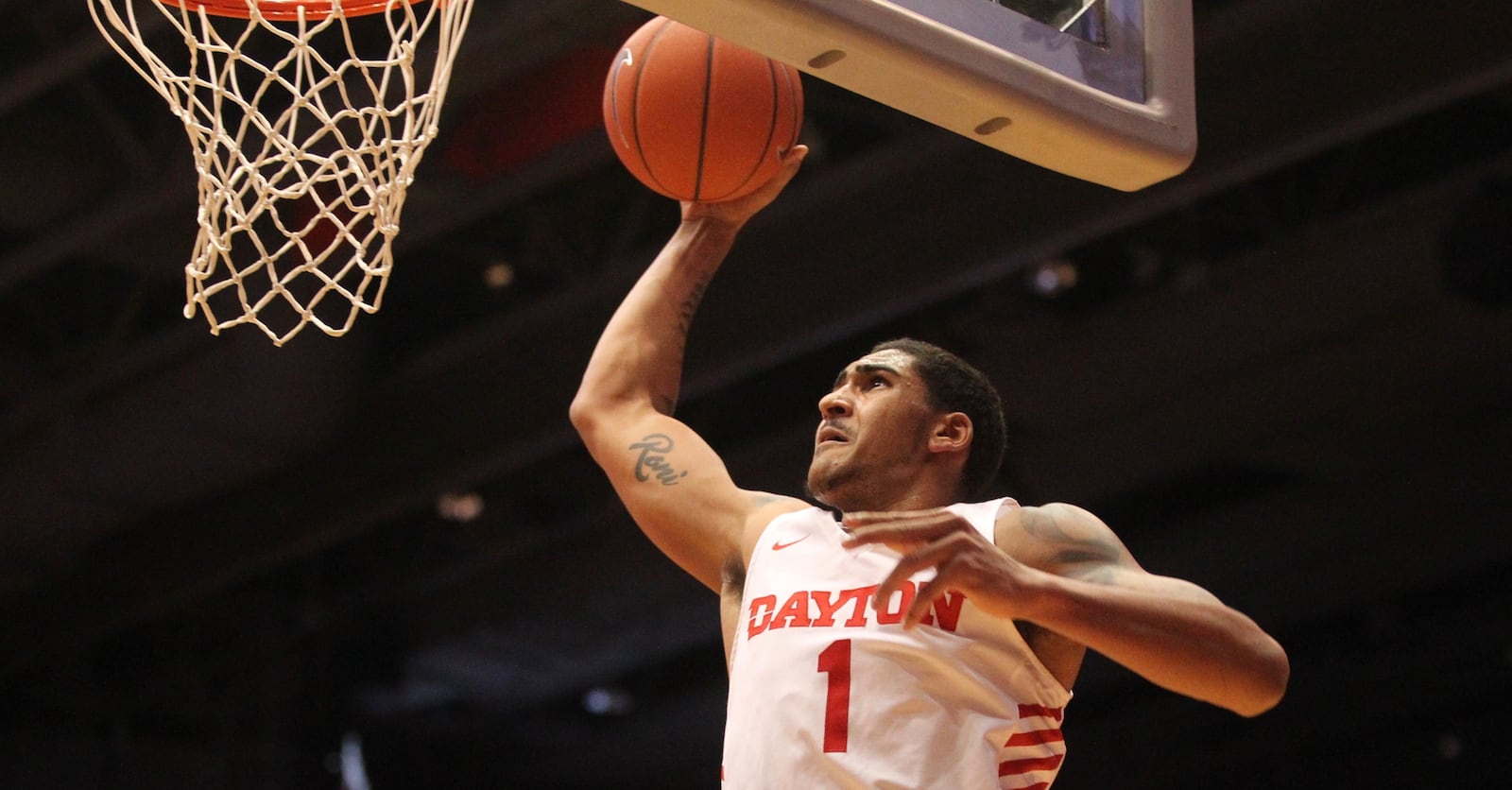 Dayton’s Obi Toppin dunks against Detroit on Tuesday, Dec. 4, 2018, at UD Arena. David Jablonski/Staff