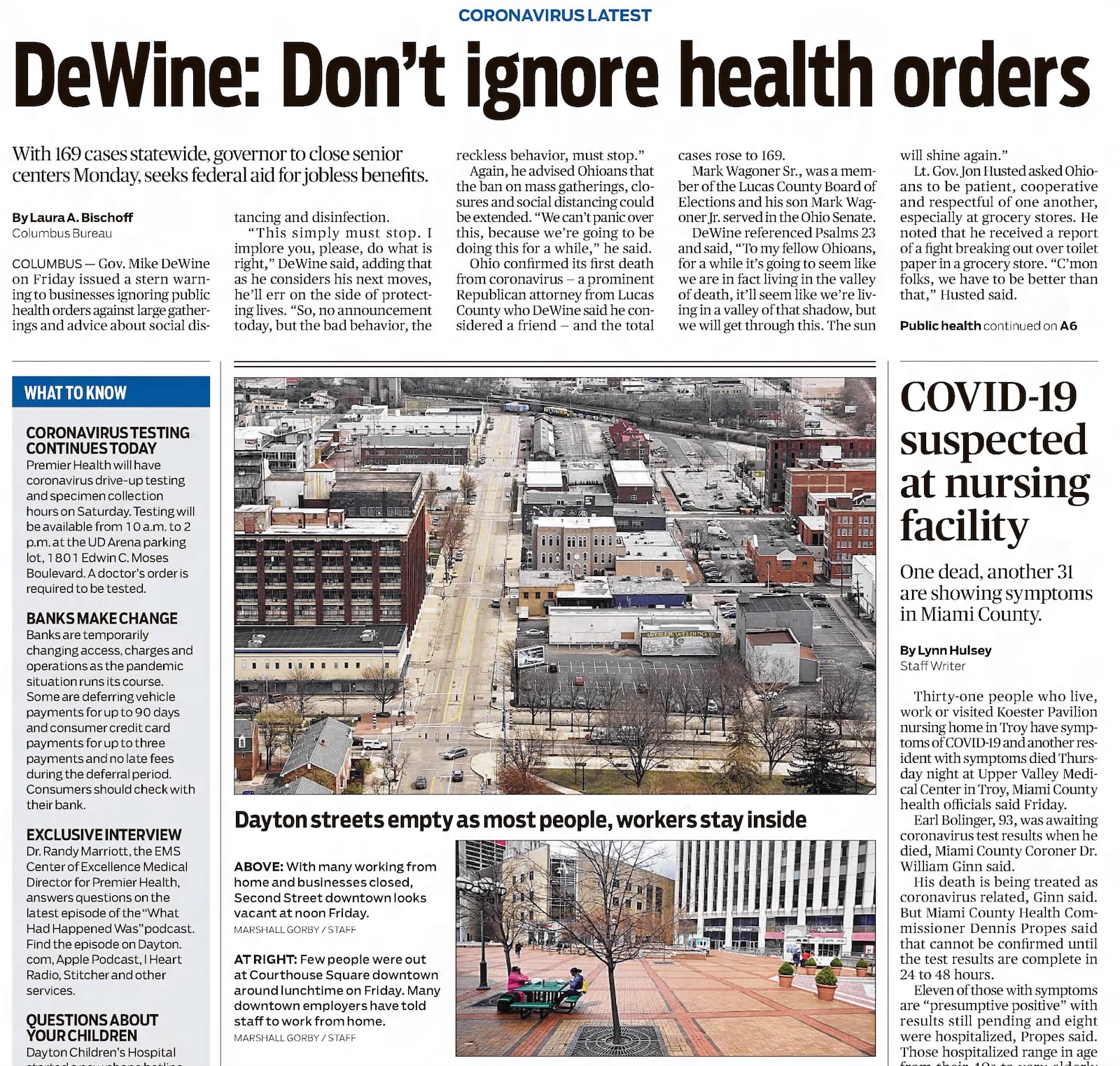 The front page of the Dayton Daily News, March 21, 2020. DAYTON DAILY NEWS ARCHIVES