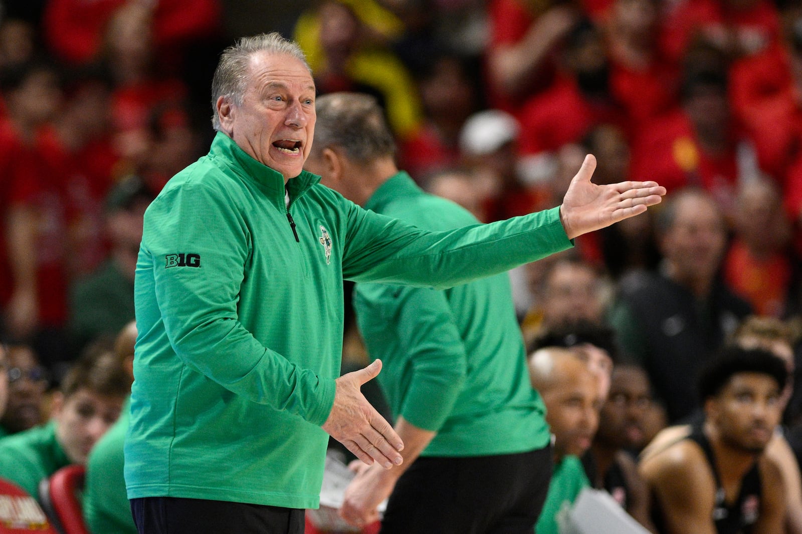 Michigan State head coach Tom Izzo gestures during the second half of an NCAA college basketball game against Maryland, Wednesday, Feb. 26, 2025, in College Park, Md. (AP Photo/Nick Wass)