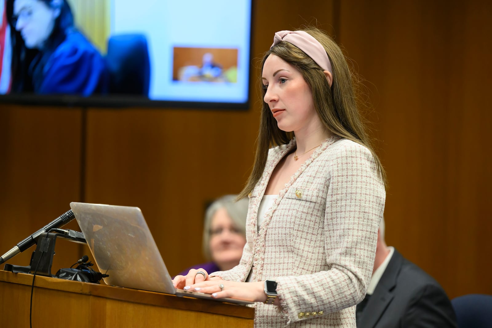 Attorney Allexis Stang questions a witness during a hearing by Tayna Zuvers to have her sons Andrew, Alexander, and Tanner Skelton be officially declared deceased, at Lenawee County probate court, in Adrian, Mich., March 3, 2025. (David Guralnick/Detroit News via AP)