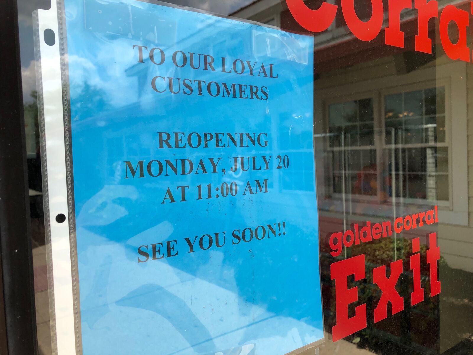 Golden Corral is starting to reopen its Dayton-area restaurants, including this location on Commons Blvd. in Beavercreek. MARK FISHER/STAFF