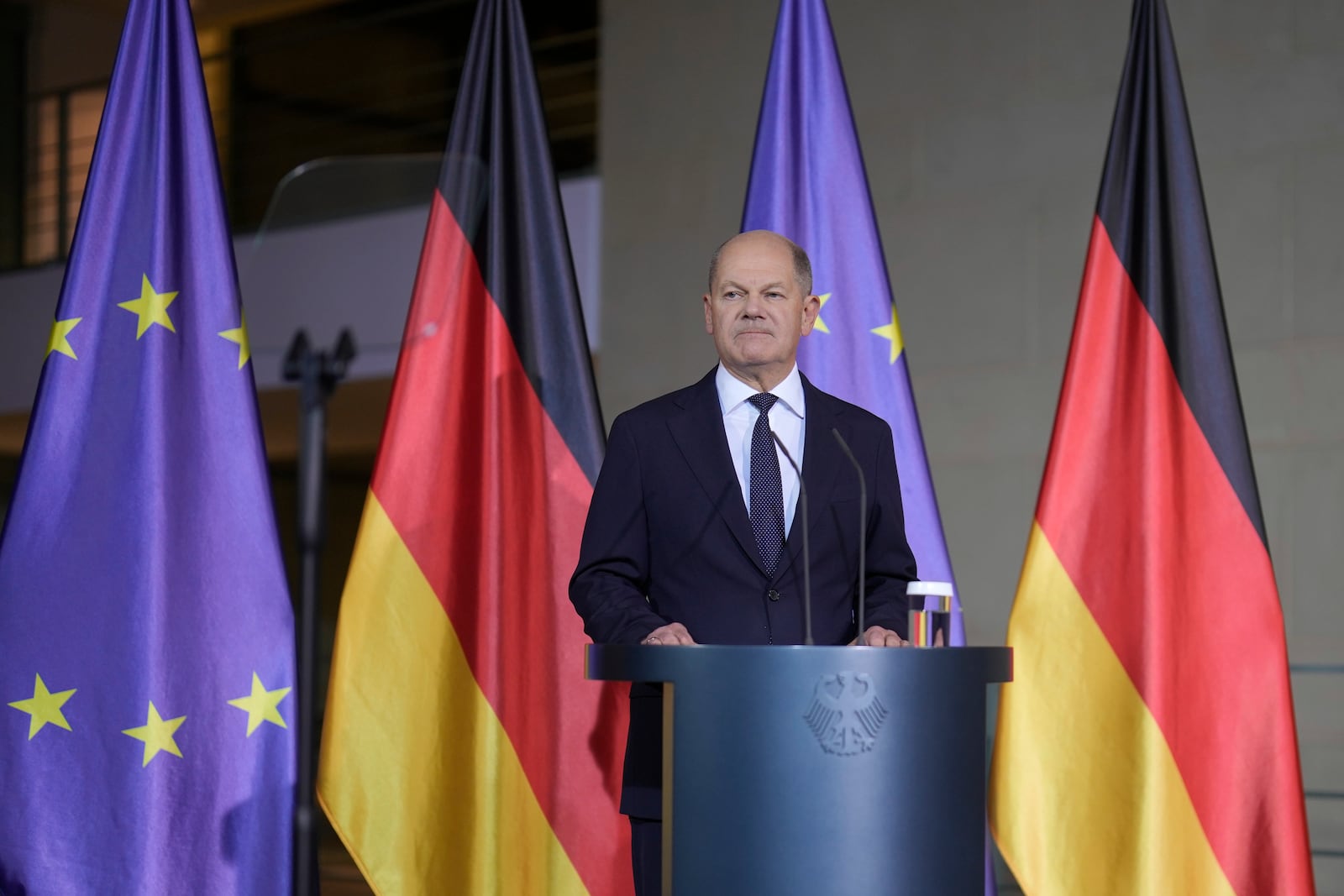 German Chancellor Olaf Scholz gives a statement after a meeting with government leaders in Berlin, Germany, Wednesday, Nov. 6, 2024. (AP Photo/Markus Schreiber)