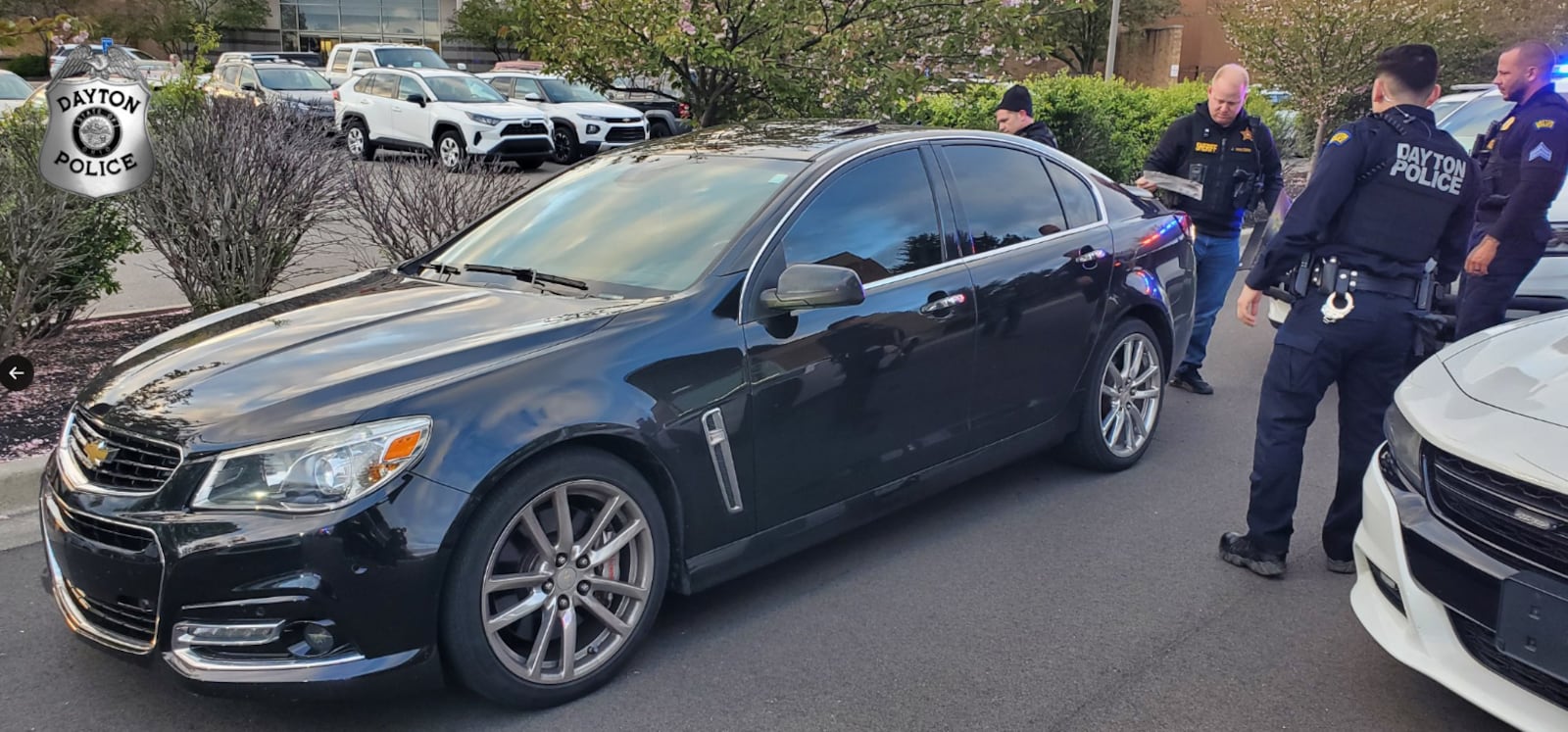 Two people were arrested at the Mall at Fairfield Commons Wednesday, April 24, 2024, after a stolen vehicle reportedly fled from Dayton poilce. Photo courtesy the Dayton Police Department.