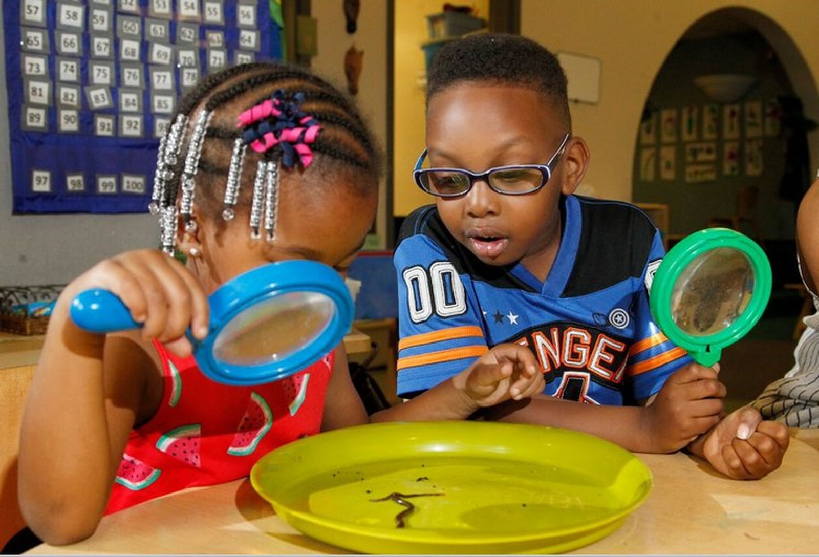 Preschool students learn about earthworms in their first introduction to science at the University of Dayton’s Bombeck Family Learning Center preschool program. CONTRIBUTED PHOTO