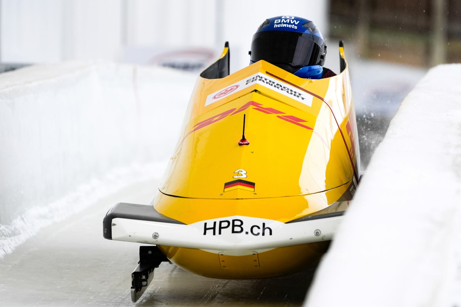 Adam Ammour and Benedikt Hertel, of Germany, race compete in the second run in the two-man bobsled at the bobsledding world championships, Saturday, March 8, 2025, in Lake Placid, N.Y. (AP Photo/Julia Demaree Nikhinson)