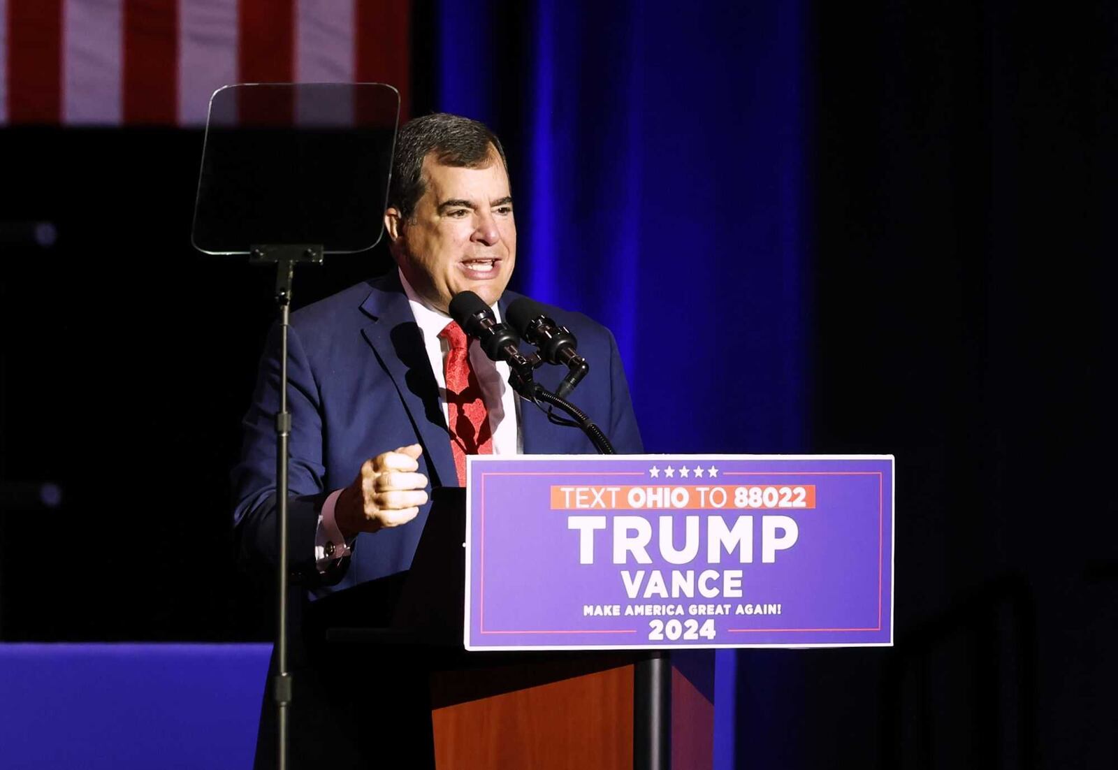 Ohio senator George Lang speaks during the rally for vice-presidential candidate JD Vance at Middletown High School, Monday, July 22, 2024. NICK GRAHAM/STAFF