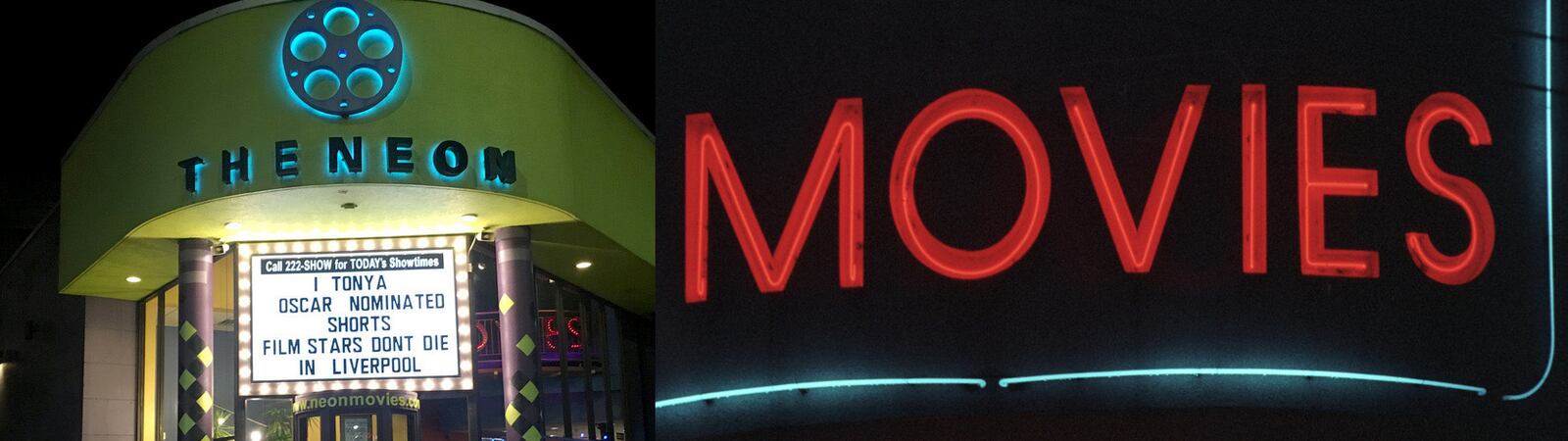 Newon Movies new look, left, and part of the sign from 1993.