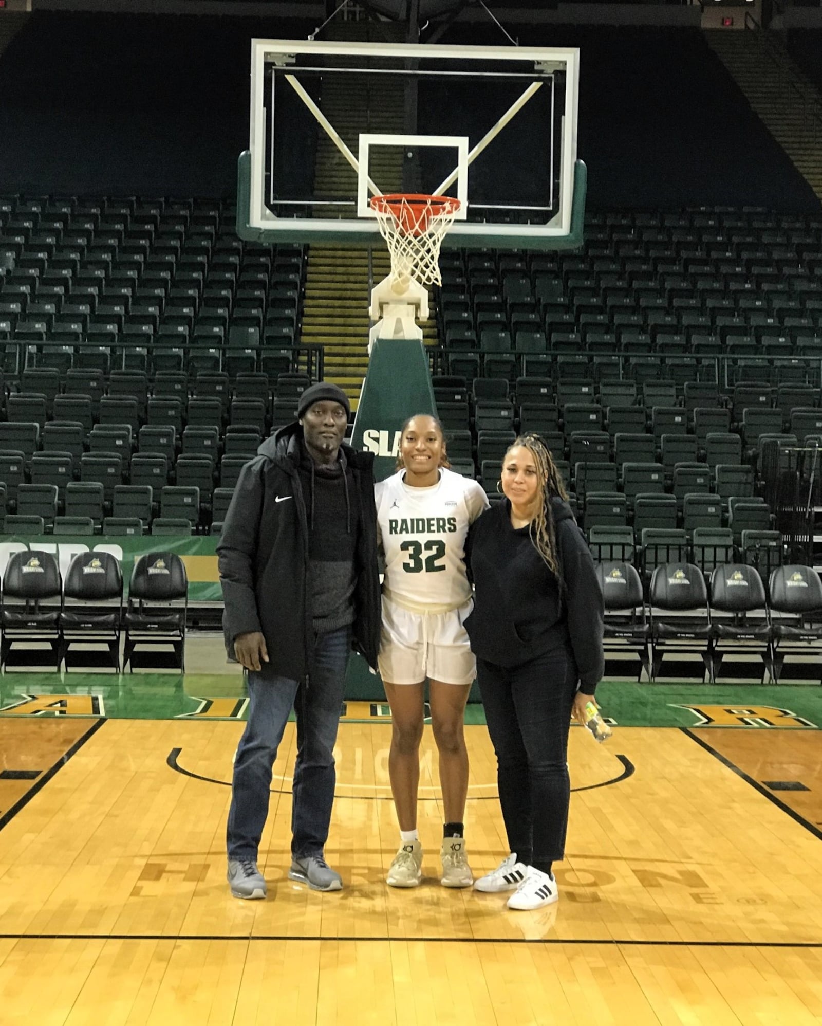 After leading Wright State to a 68-57 victory over Ohio University Sunday at the Nutter Center—her third double double in a row this season – Amaya Staton spent some time with her dad T.J.. who  played professional baseball for 11 years, and her mom Saunjula. Tom Archdeacon/CONTRIBUTED