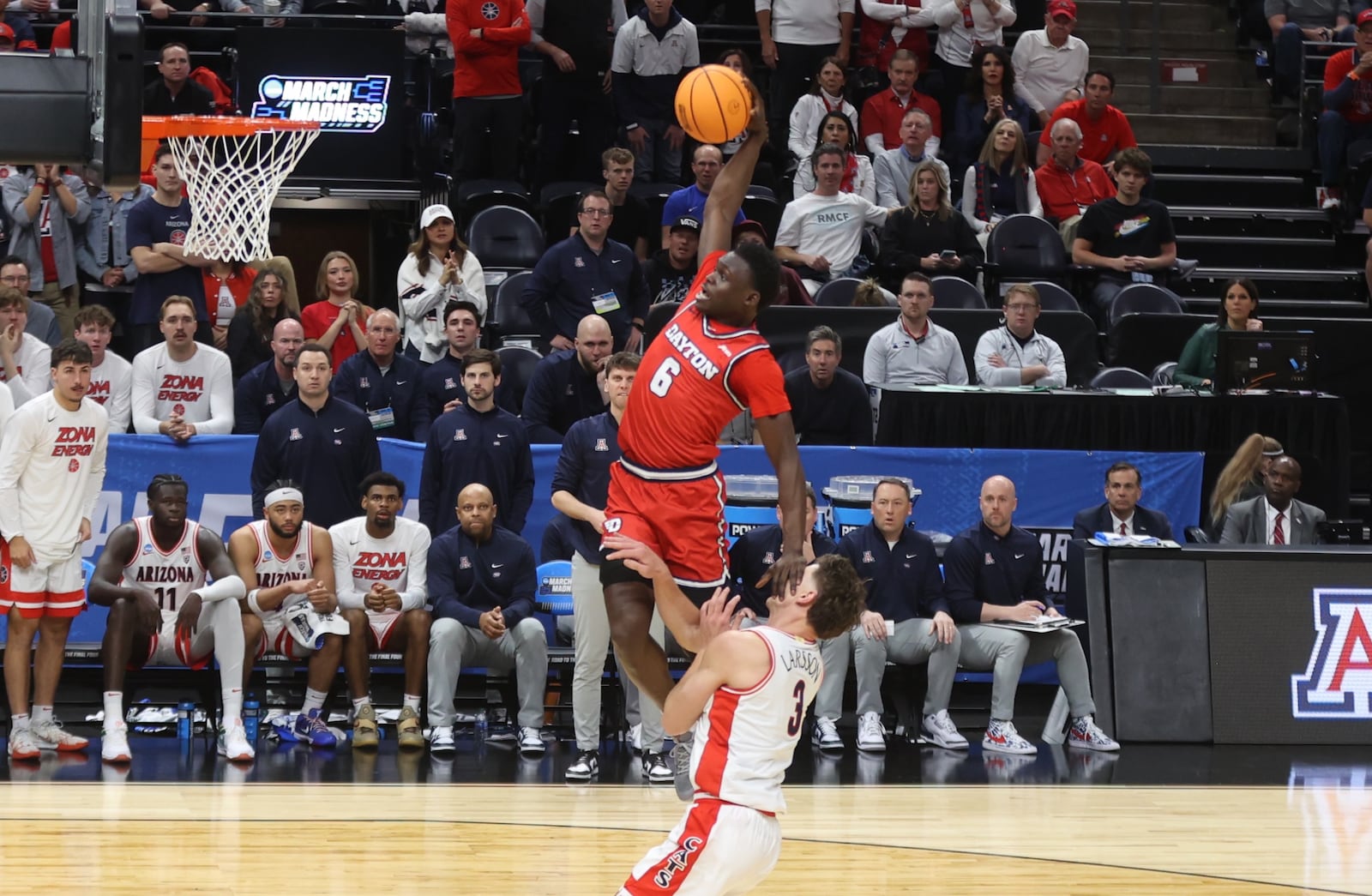 Dayton's Enoch Cheeks dunks in the first half against Arizona in the second round of the NCAA tournament on Saturday, March 23, 2024, at the Delta Center in Salt Lake City, Utah. David Jablonski/Staff