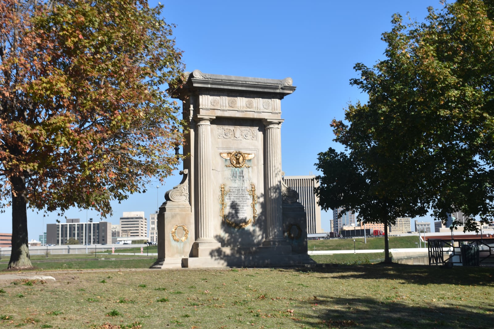 One of the monuments honoring veterans in a city of Dayton park at West Third Street and  Edwin C. Moses Boulevard in West Dayton. The park is will be the home of a new memorial honoring recipients of the Medal of Honor who are from the greater Dayton area. CORNELIUS FROLIK / STAFF