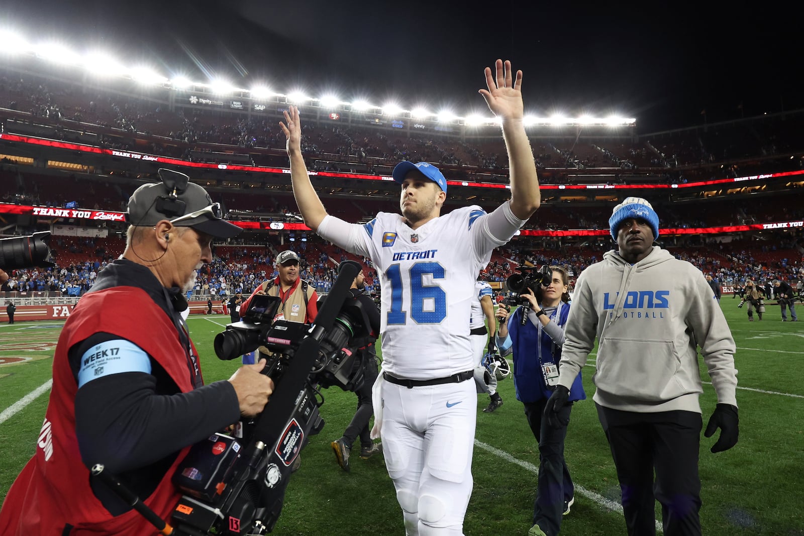 Detroit Lions quarterback Jared Goff (16) walks off the field after a win over the San Francisco 49ers in an NFL football game Monday, Dec. 30, 2024, in Santa Clara, Calif. (AP Photo/Jed Jacobsohn)