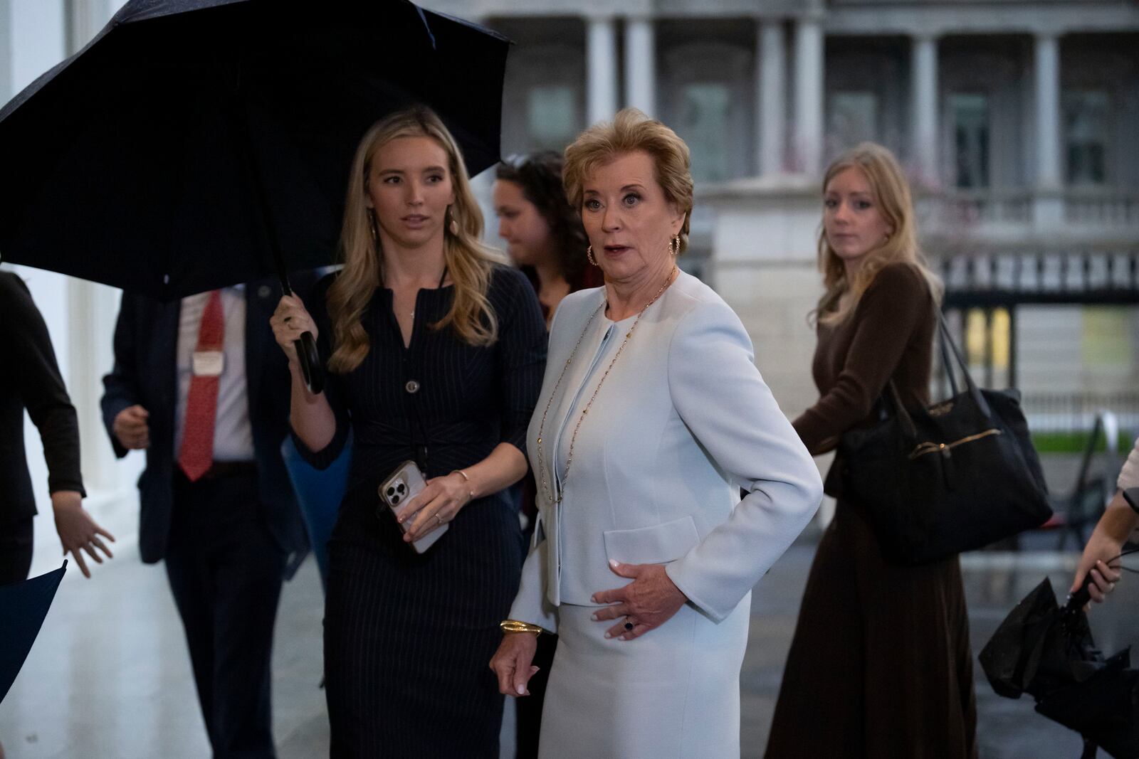 Secretary of Education Linda McMahon speaks to reporters at the White House in Washington, Thursday, March 20, 2025. (AP Photo/Ben Curtis)