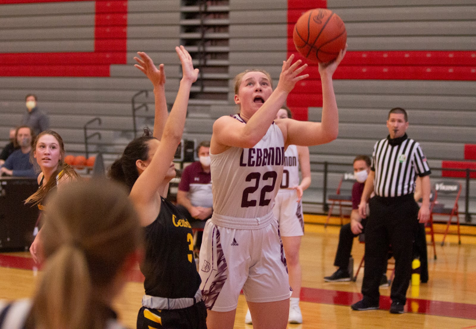 Lebanon's Lindsey Sauerland shoots against Centerville's Amy Velasco during the second half of Saturday's Division I district final at Princeton High School. Jeff Gilbert/CONTRIBUTED