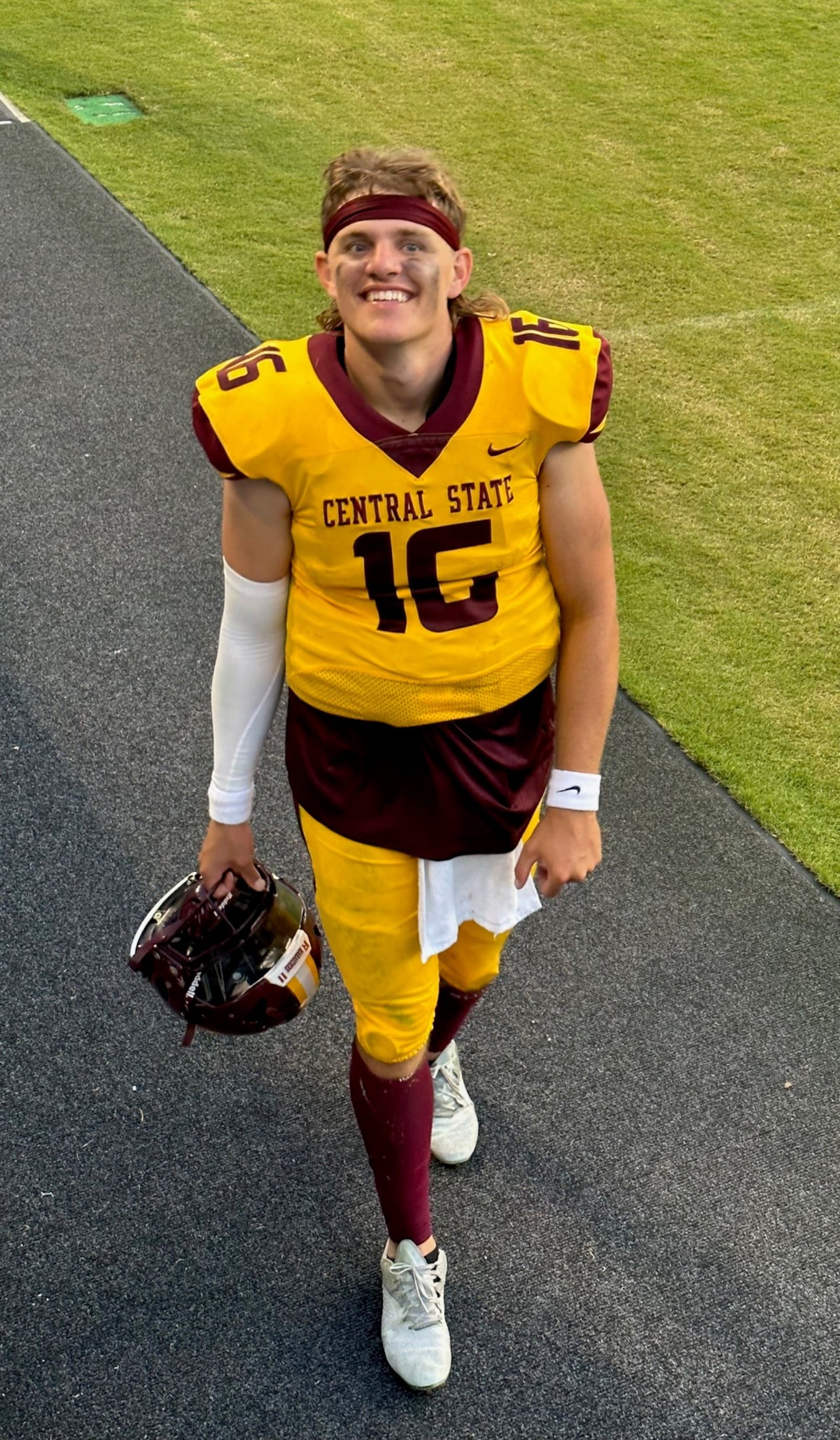 Central State quarterback Alec Lewis leaves the field at Soldier Field in Chicago Saturday after leading CSU to a come-from- behind 24-21 victory over Mississippi Valley State, Saturday in the Chicago Football Classic. CONTRIBUTED