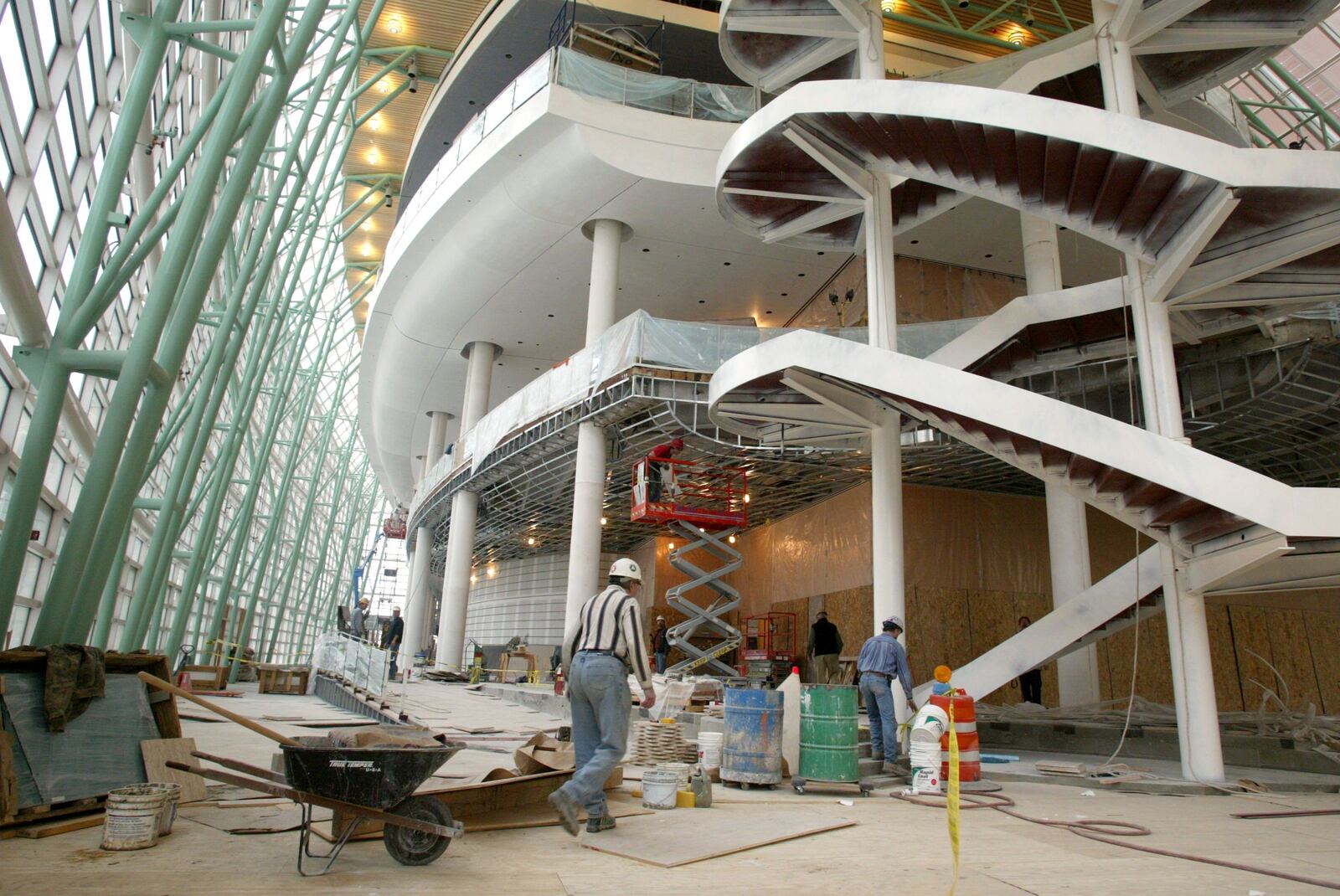 The wintergarten area of the Schuster Center for the Performing Arts is taking shape, with the open staircase on the right, and the wide open area near the theatre lobby to the right.