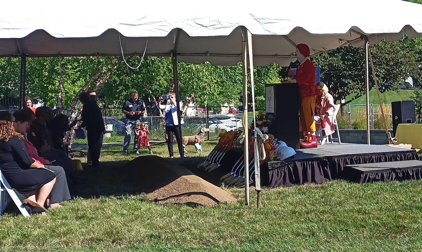 Ronald McDonald, the mascot of the Ronald McDonald House Charities, welcomes attendees to Wednesday's groundbreaking ceremony for the new lodging facility. SAMANTHA WILDOW\STAFF